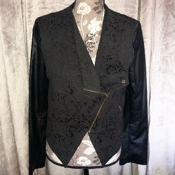 Black leather jacket with printed detail. - Picture 1 of 5